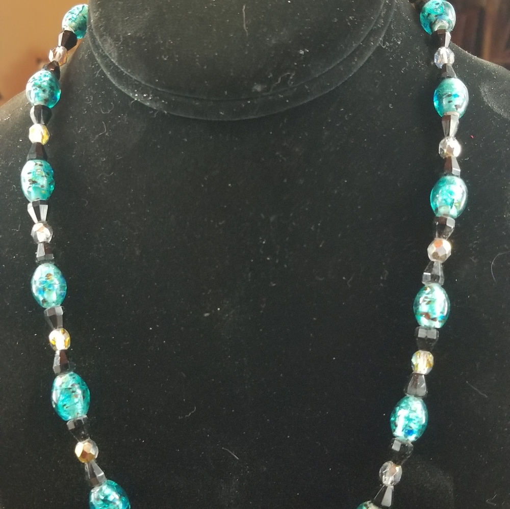 Art Glass Beads + Black Jet Necklace 3 Pc Set.